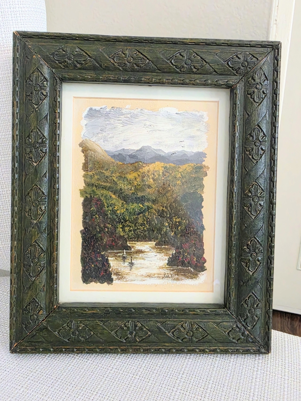 Vtg Framed Original Oil Landscape Rude Forest Mountains Lake Wood Textured Frame